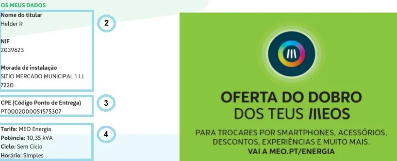 Dados do cliente de uma fatura MEO Energia
