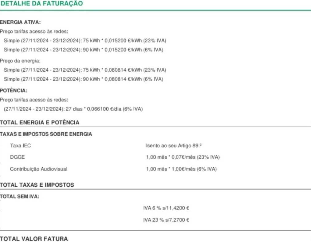 Fatura Plenitude: Detalhe da Faturação