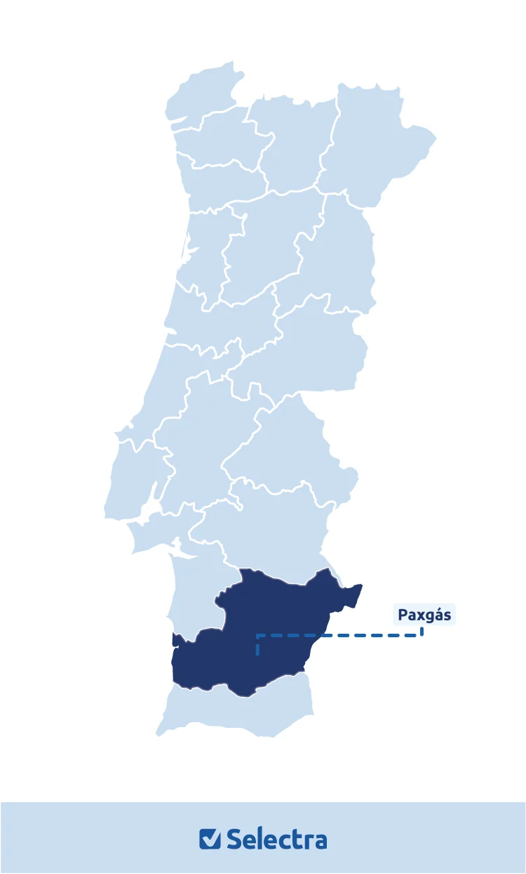 Mapa de distribuição de gás natural da Paxgás no distrito de Beja