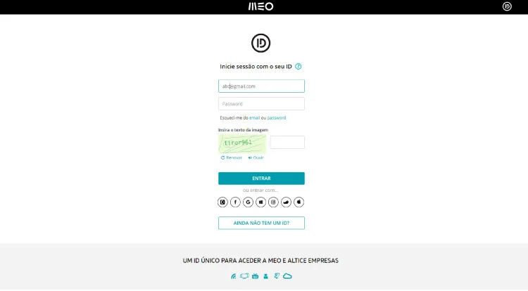 Área de cliente MEO online no PC