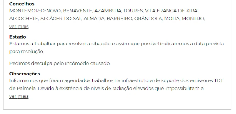Detalhe de uma ocorrência MEO hoje no site