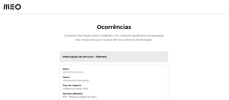 Exemplo de avarias MEO hoje no site
