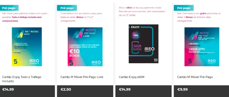 Tipos de cartões MEO disponíveis para compra