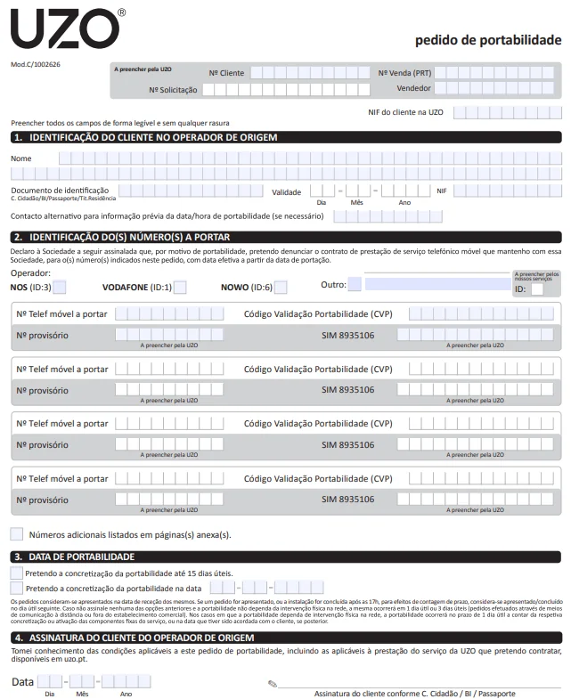 Formulário de portabilidade UZO