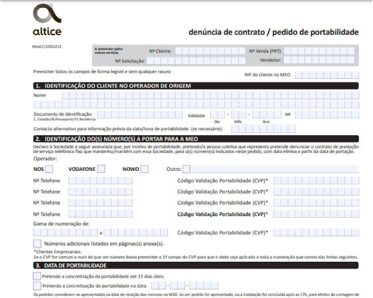 Formulário de portabilidade fixa MEO