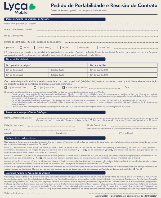 Formulário de portabilidade Lyca Mobile