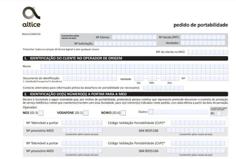 Formulário de portabilidade MEO 1