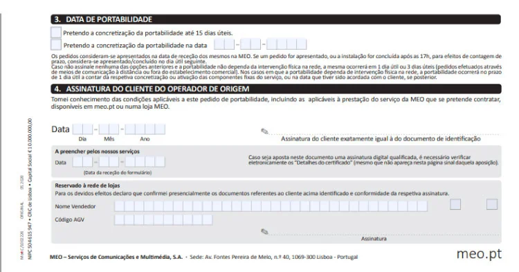 Formulário de portabilidade MEO 2