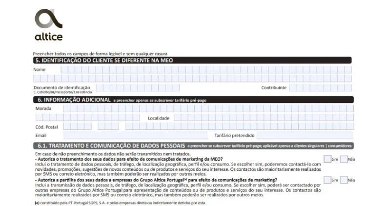 Formulário de portabilidade MEO 3
