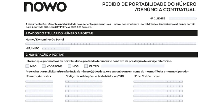 Formulário de portabilidade NOWO — dados do titular e do número a portar