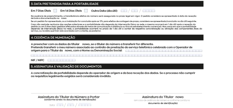 Formulário de portabilidade NOWO — data pretendida e dados do novo titular