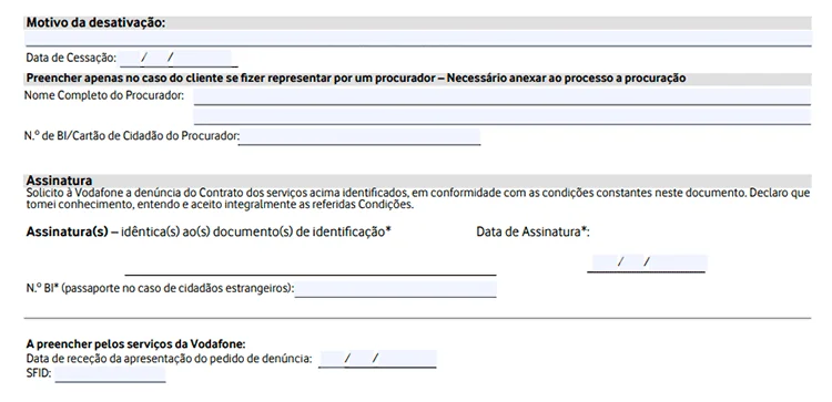 Formulário Rescisão Vodafone Assinatura