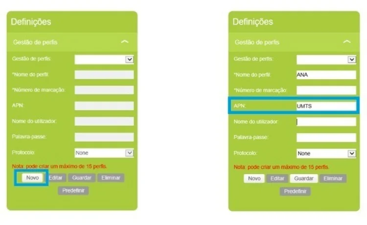 Configurar hotspot NOS — Novo Perfil APN
