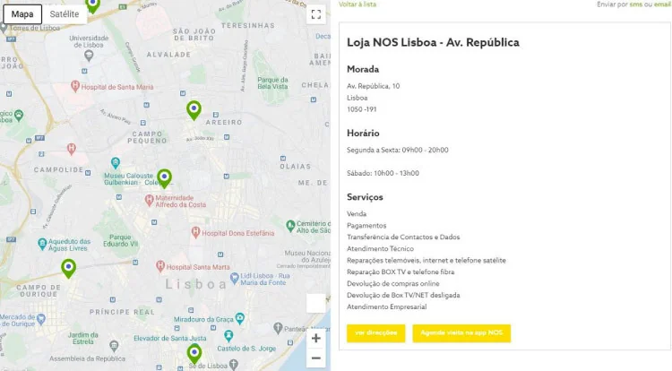 Informações das lojas da NOS