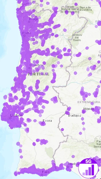 Mapa de cobertura 5G em Portugal