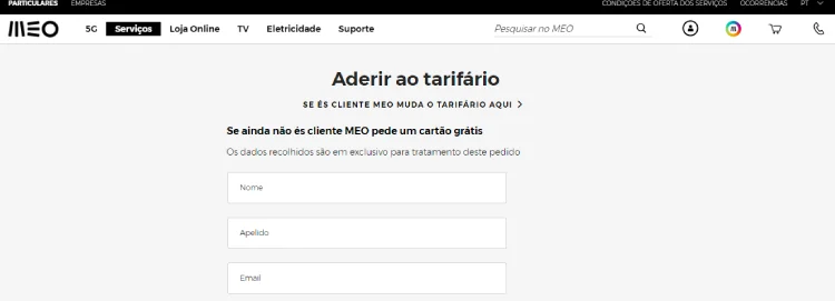 Formulário para pedir um cartão MEO grátis