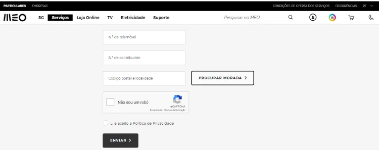 Confirmação do pedido de cartão MEO grátis