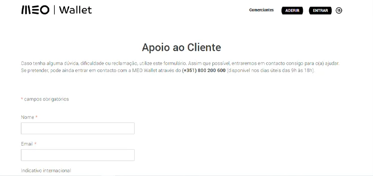 Formulário de contacto da MEO Wallet