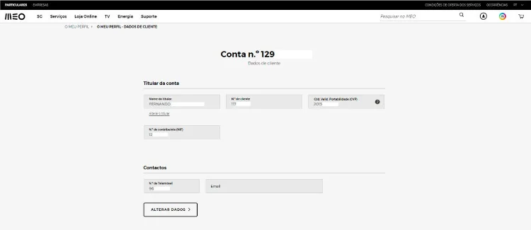 Dados de cliente no My MEO