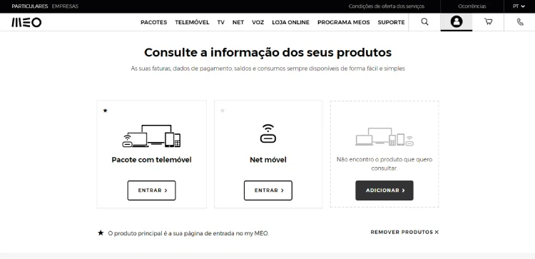 Serviços na área de cliente MEO