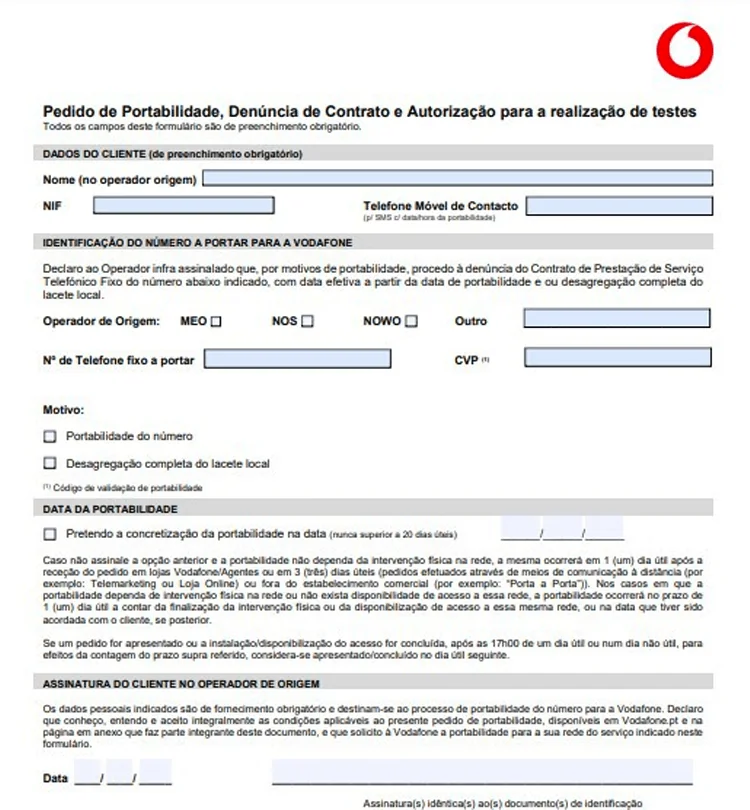Formulário de Portabilidade Vodafone Fixo