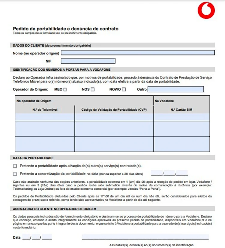 Formulário de Portabilidade Vodafone Móvel