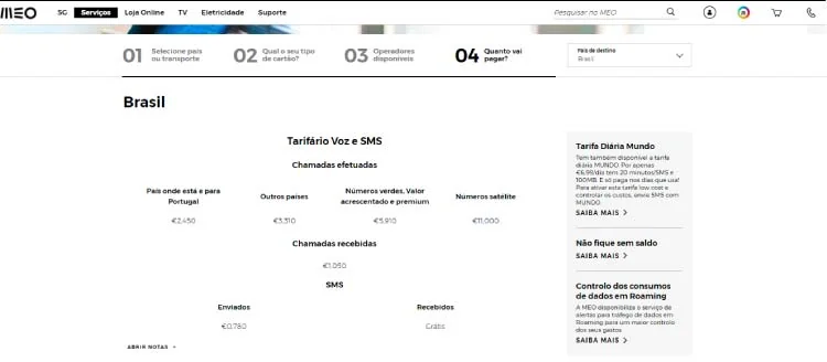 Preços de roaming MEO no Brasil