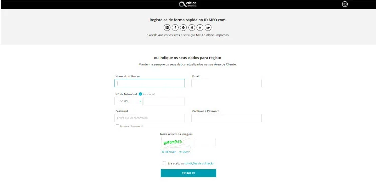 Registo na área de cliente MEO Empresas