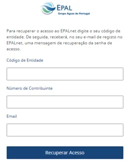 Ecrã de recuperação de senha do EPALnet